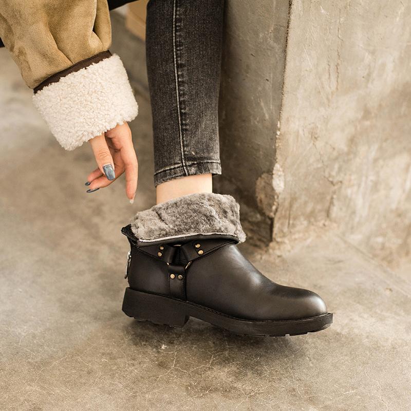 Waxing Leather Buckle Boots Handmade British Boots Fleece Lined Snow Boots Black/White/Coffee - Image 6