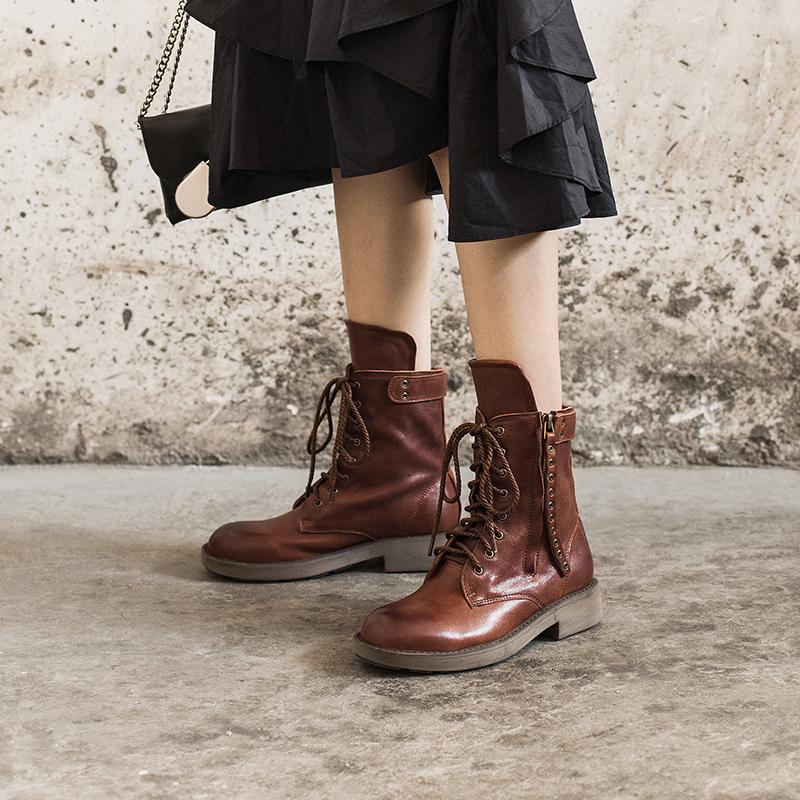 Punk Sheepskin Combat Boots Designer Retro Chunky Riding Boots Side Zip Coffee/Dark Coffee/Black - Image 2