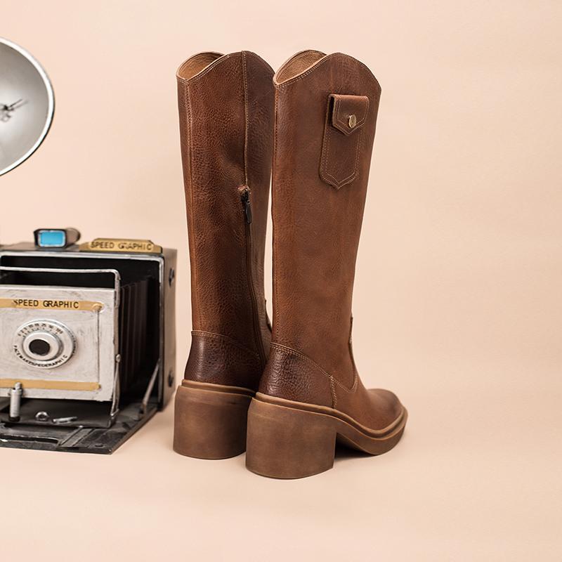 Leather Cowboy Boots Designer Retro Chunky Riding Boots Knee High Boots Handmade High Heel Short Plush Black/Brown - Image 5