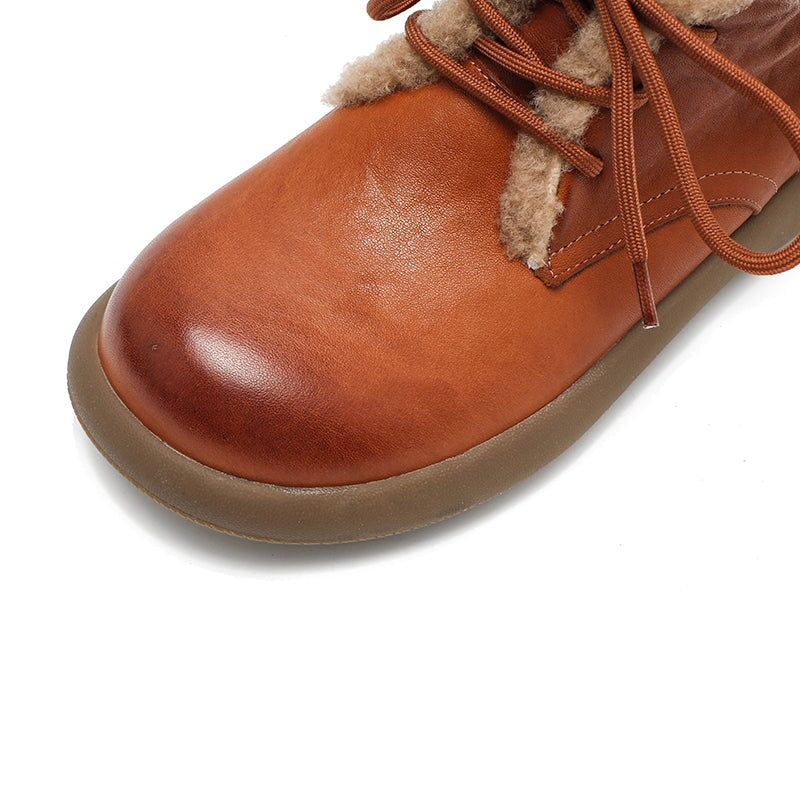 Women’s Shearling Lined Leather Lace-Up Ankle Boots Winter Warm Flat Boots in Brown/Black/Coffee - Image 3