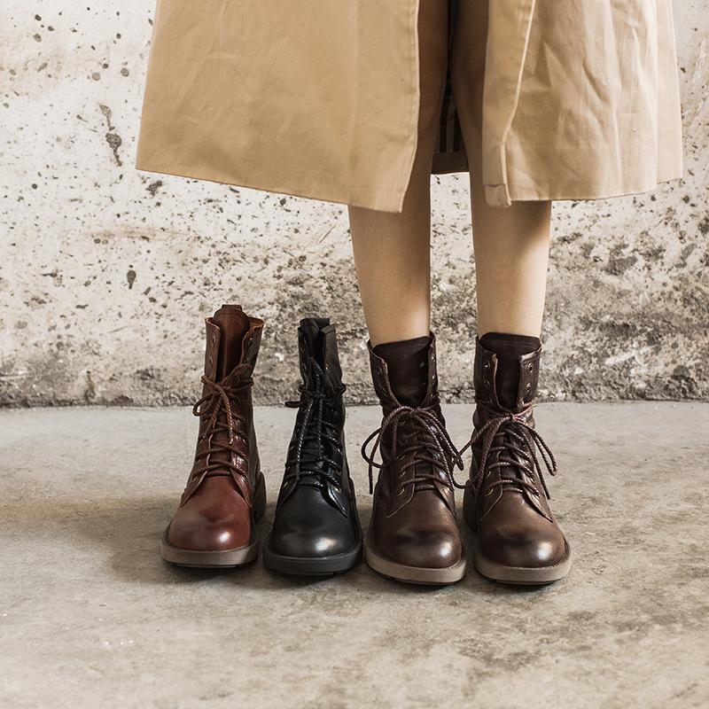 Handmade Sheepskin Combat Boots Designer Retro Chunky Riding Boots Coffee/Dark Coffee/Black - Image 2