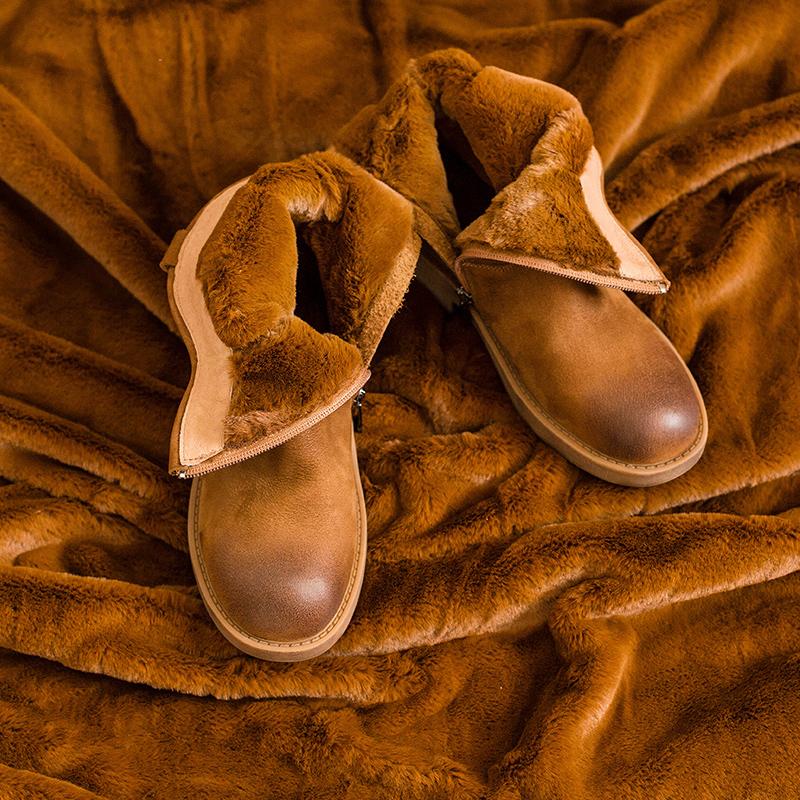 Chunky Heel Short Plush Lined Leather Short Boots For Winer Snow Boots in Black / Coffee - Image 2