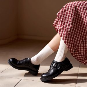 Retro Handmade Horse Leather Monk Strap Shoes for Women with Buckle in Black