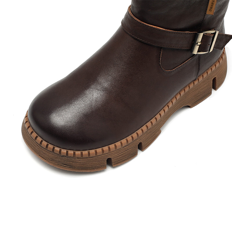 Shearling Lined Leather Platform Snow Boots Buckle Design Short Winter Boots in Coffee/Black/Brown - Image 5
