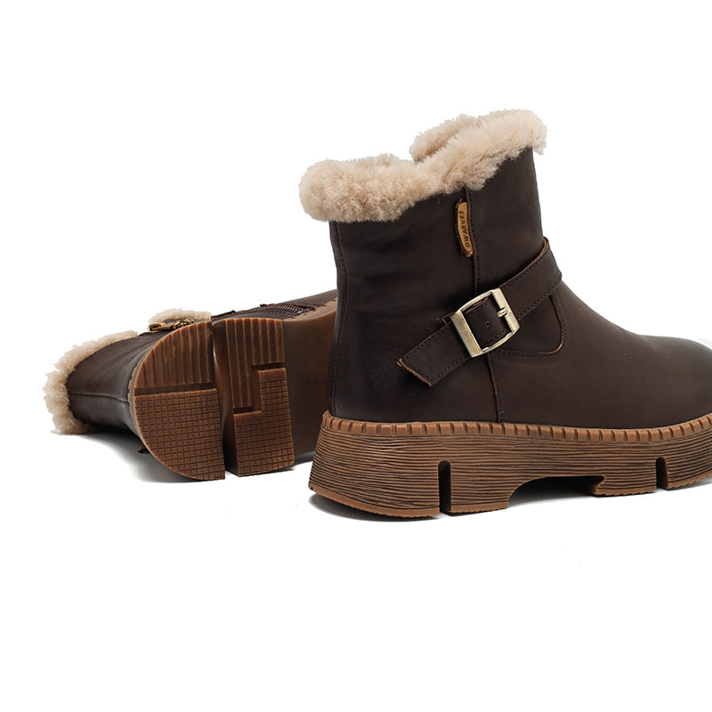 Shearling Lined Leather Platform Snow Boots Buckle Design Short Winter Boots in Coffee/Black/Brown - Image 4