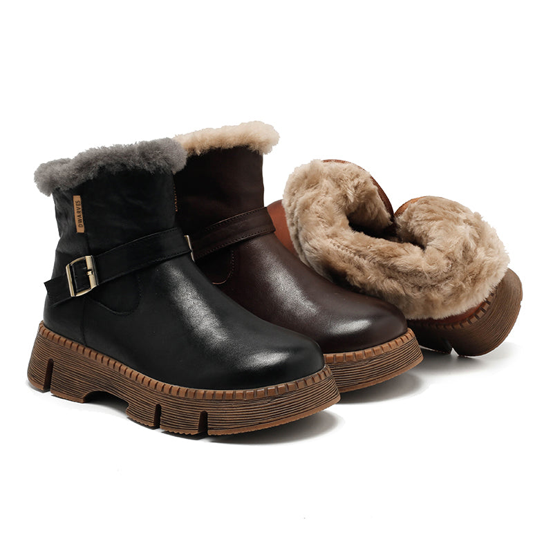 Shearling Lined Leather Platform Snow Boots Buckle Design Short Winter Boots in Coffee/Black/Brown