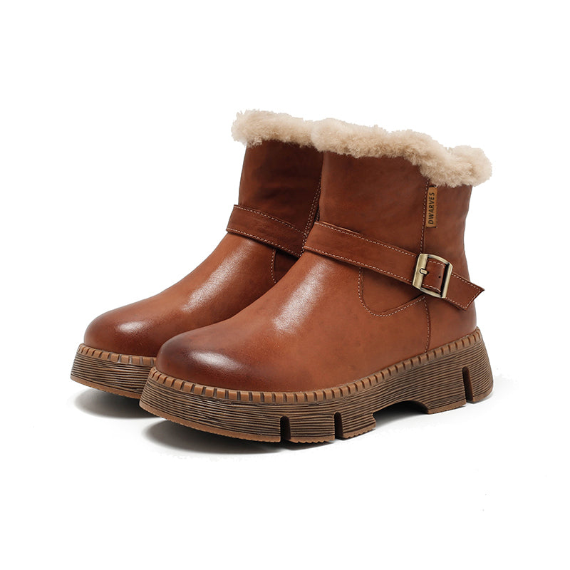 Shearling Lined Leather Platform Snow Boots Buckle Design Short Winter Boots in Coffee/Black/Brown - Image 6