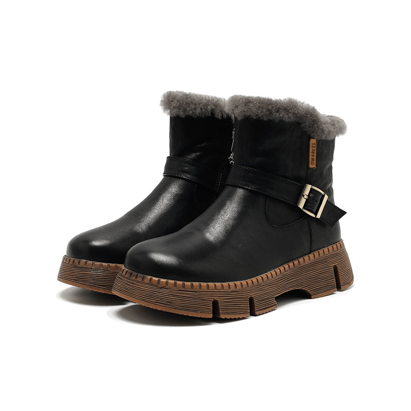 Shearling Lined Leather Platform Snow Boots Buckle Design Short Winter Boots in Coffee/Black/Brown - Image 7