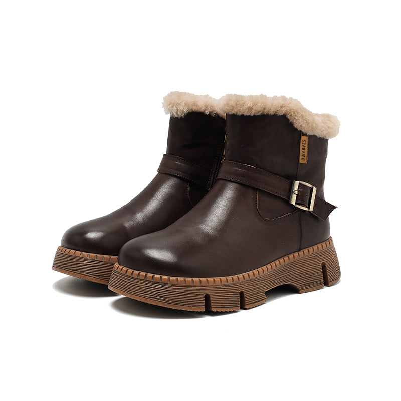 Shearling Lined Leather Platform Snow Boots Buckle Design Short Winter Boots in Coffee/Black/Brown - Image 8