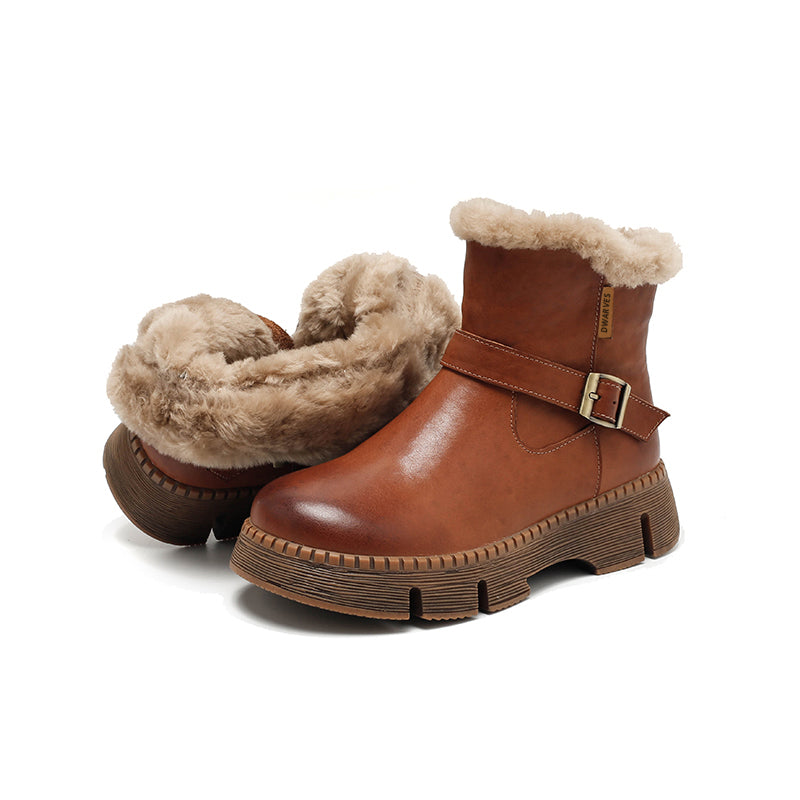 Shearling Lined Leather Platform Snow Boots Buckle Design Short Winter Boots in Coffee/Black/Brown - Image 9