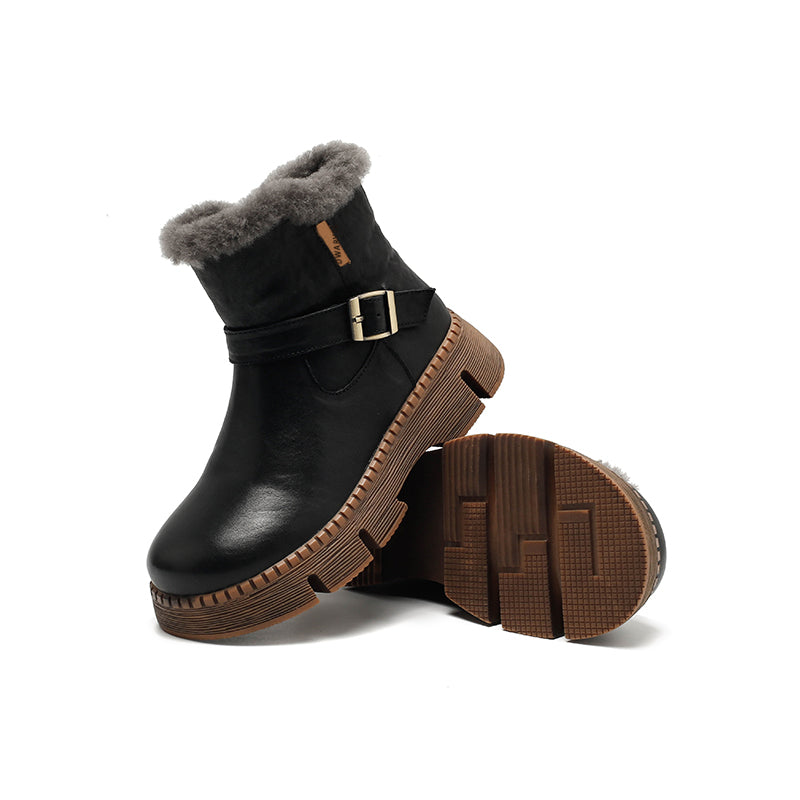 Shearling Lined Leather Platform Snow Boots Buckle Design Short Winter Boots in Coffee/Black/Brown - Image 10