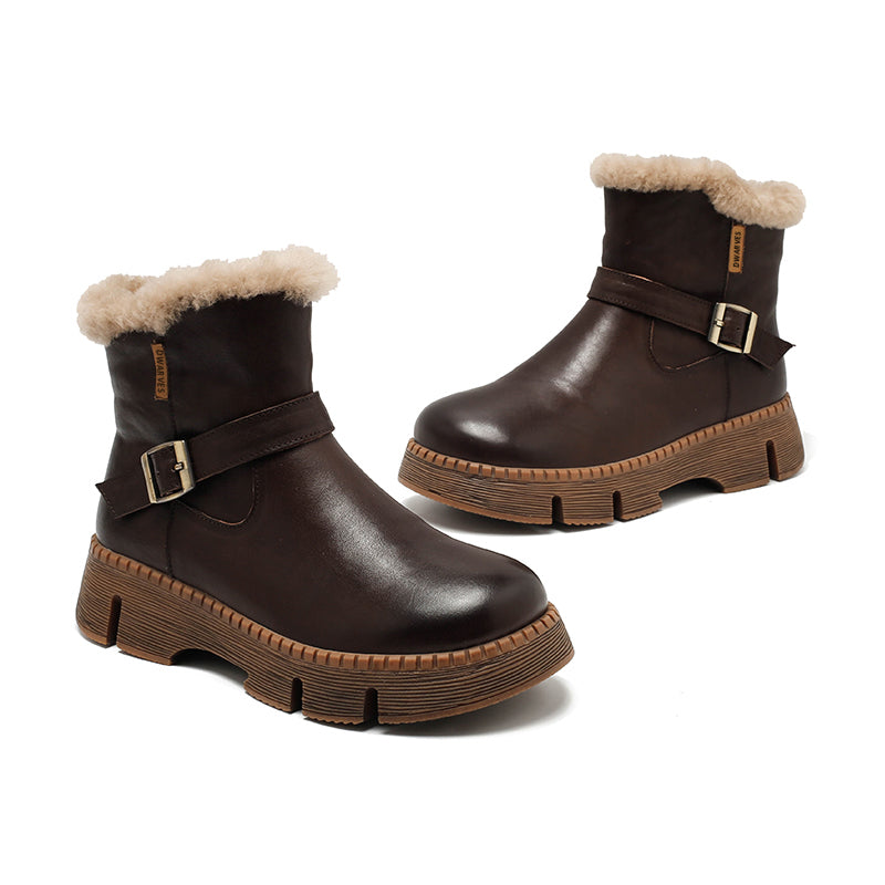 Shearling Lined Leather Platform Snow Boots Buckle Design Short Winter Boots in Coffee/Black/Brown - Image 2