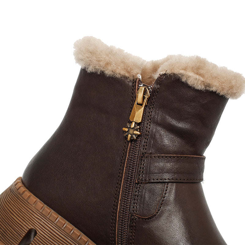 Shearling Lined Leather Platform Snow Boots Buckle Design Short Winter Boots in Coffee/Black/Brown - Image 3