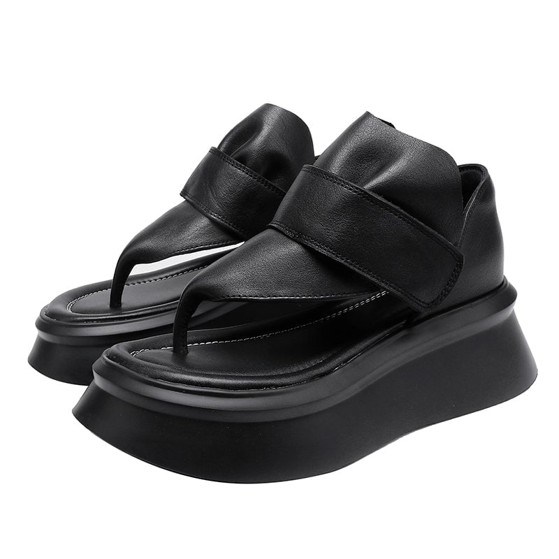 Cow Leather Platform Flip-Flop Sandals with Velcro Strap 55mm Thick Sole in Black - Image 6