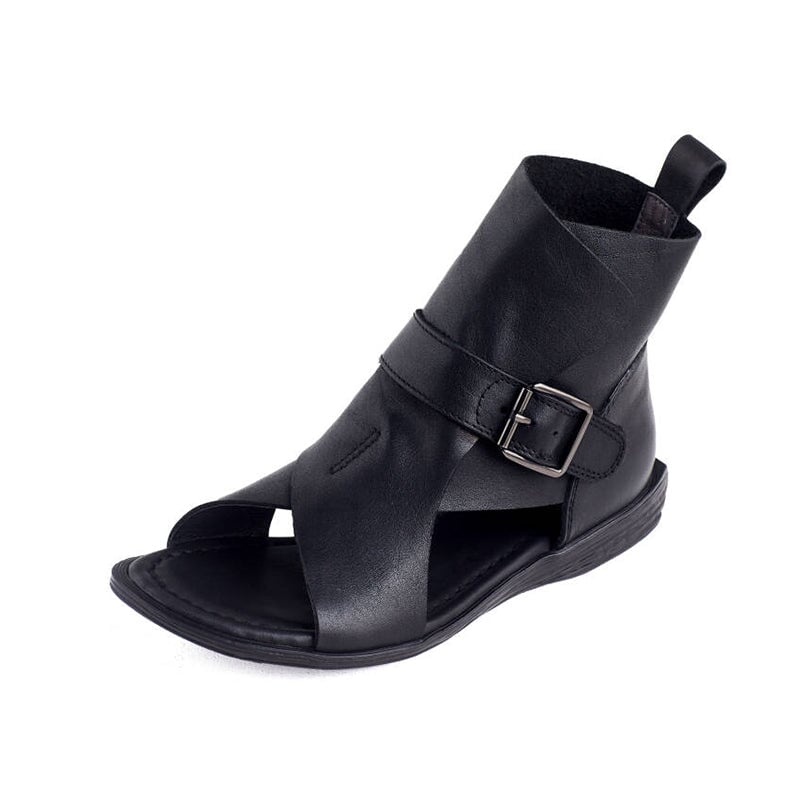 Handmade Leather Peep Toe Roman Flat Sandals Gladiator Boots with Buckle in Black/Coffee - Image 11