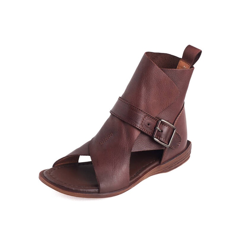 Handmade Leather Peep Toe Roman Flat Sandals Gladiator Boots with Buckle in Black/Coffee - Image 10