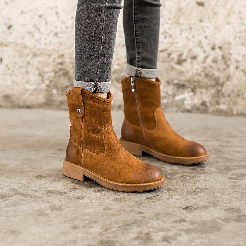 Chunky Heel Short Plush Lined Leather Short Boots For Winer Snow Boots in Black / Coffee - Image 7