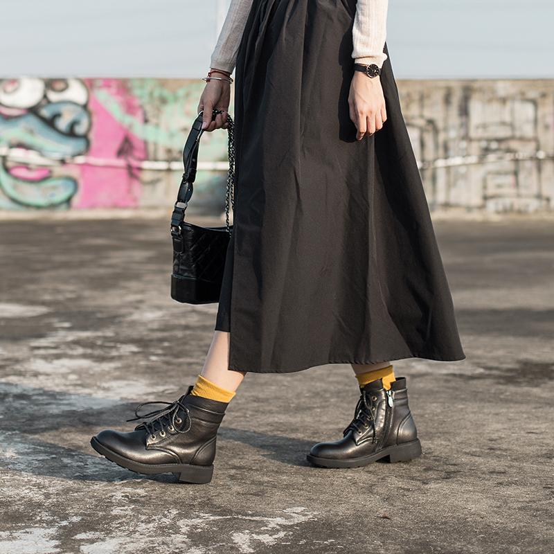 Waxing Sheepskin Leather Combat Boots Lace Up Martin Boots Black/Coffee - Image 7