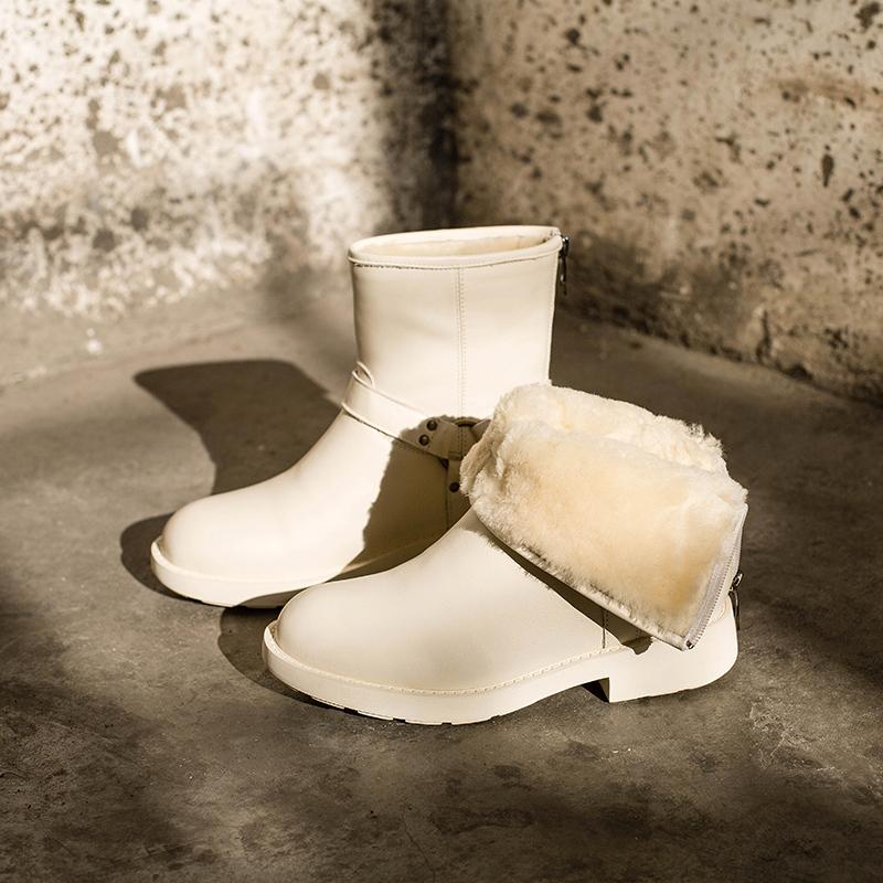 Waxing Leather Buckle Boots Handmade British Boots Fleece Lined Snow Boots Black/White/Coffee - Image 5