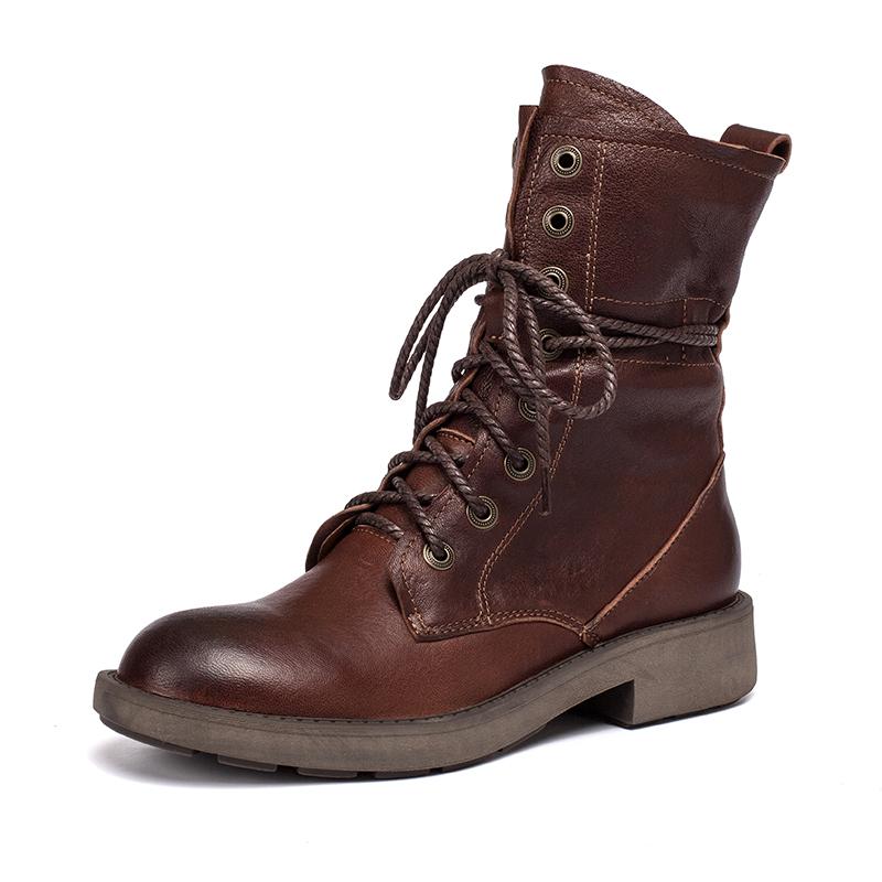 Handmade Sheepskin Combat Boots Designer Retro Chunky Riding Boots Coffee/Dark Coffee/Black - Image 10