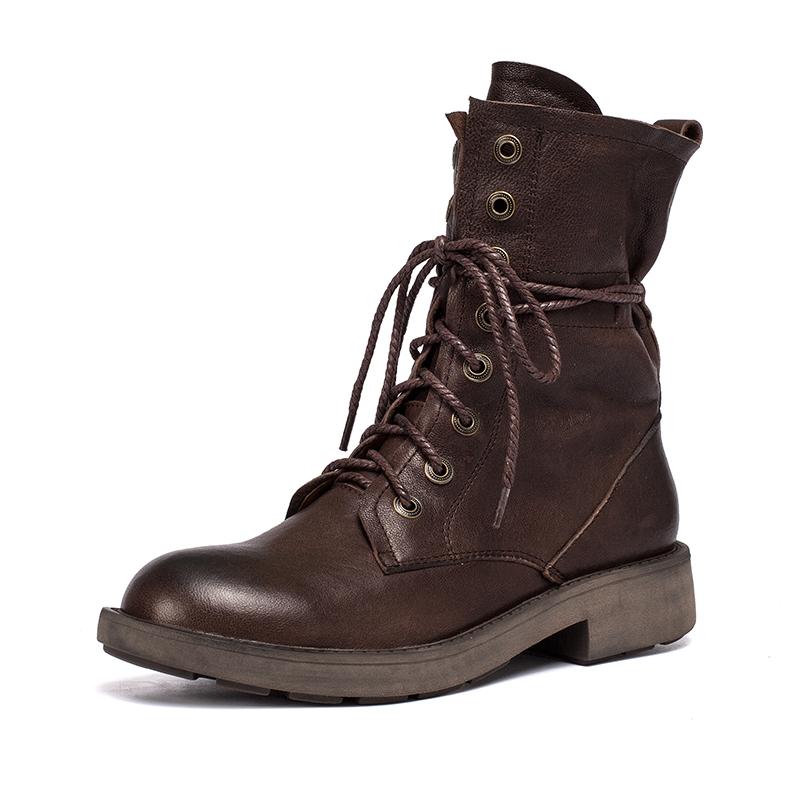 Handmade Sheepskin Combat Boots Designer Retro Chunky Riding Boots Coffee/Dark Coffee/Black - Image 11