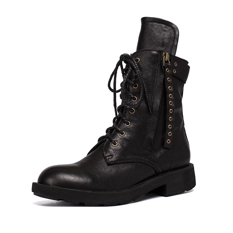 Punk Sheepskin Combat Boots Designer Retro Chunky Riding Boots Side Zip Coffee/Dark Coffee/Black - Image 8