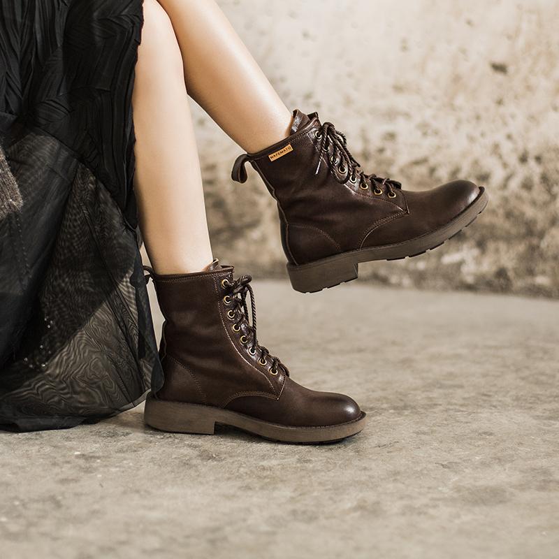 Fashion Sheepskin Combat Boots Designer Retro Chunky Riding Boots Coffee/Dark Coffee/Black - Image 6