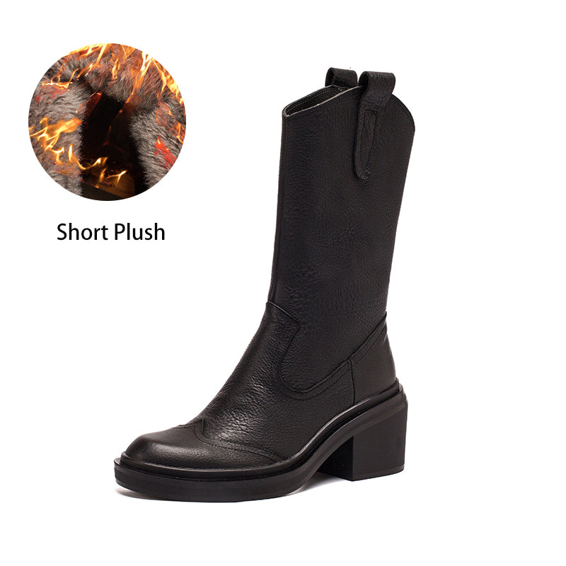 Leather Mid Calf Boots High Heel Cowboy Boots Designer Retro Chunky Riding Boots Handmade Short Plush Black/Brown - Image 14