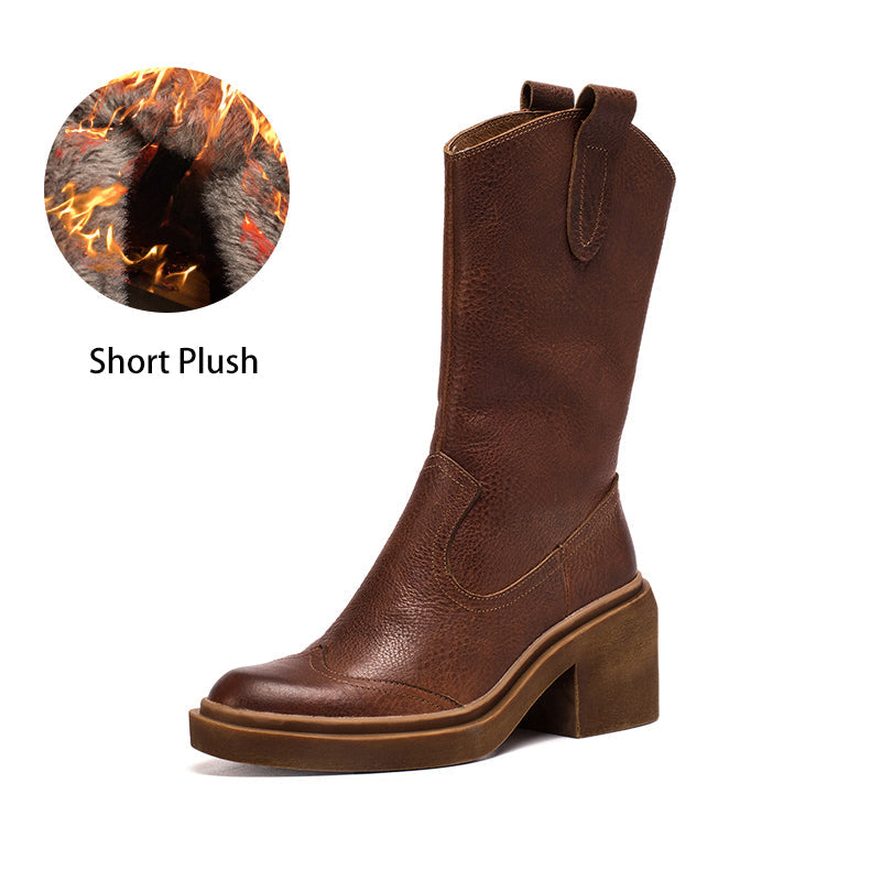 Leather Mid Calf Boots High Heel Cowboy Boots Designer Retro Chunky Riding Boots Handmade Short Plush Black/Brown - Image 13