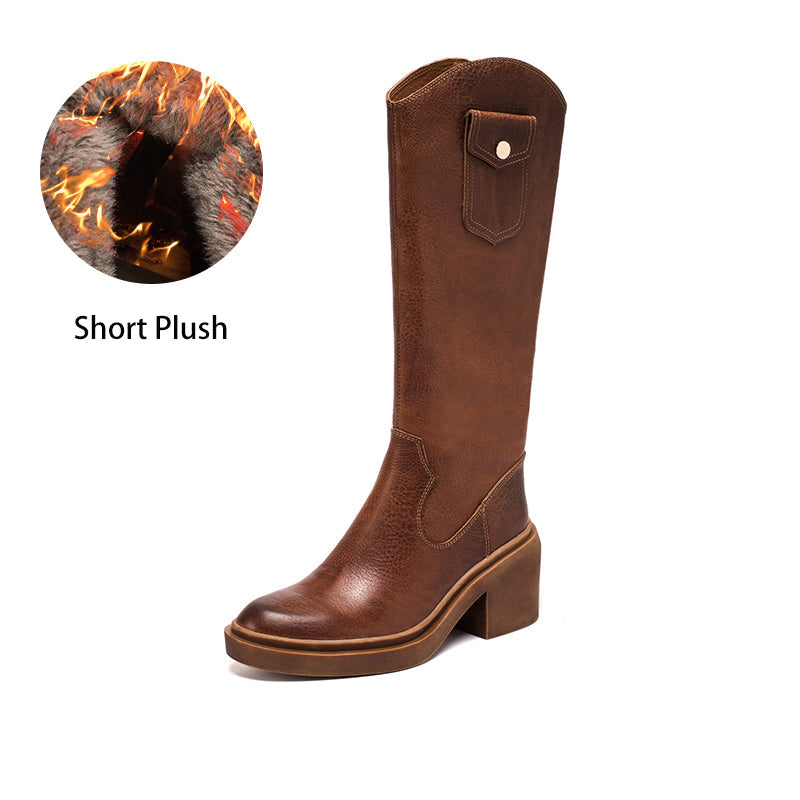 Leather Cowboy Boots Designer Retro Chunky Riding Boots Knee High Boots Handmade High Heel Short Plush Black/Brown - Image 18