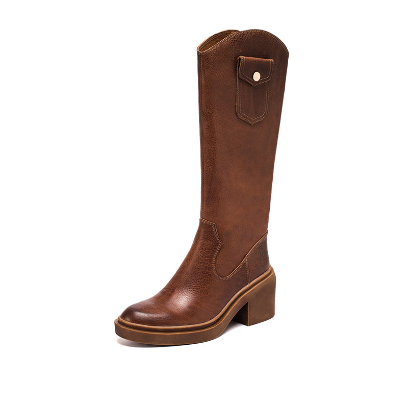 Leather Cowboy Boots Designer Retro Chunky Riding Boots Knee High Boots Handmade High Heel Short Plush Black/Brown - Image 15