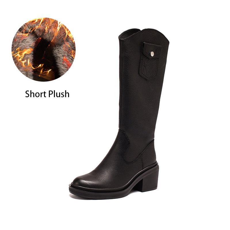 Leather Cowboy Boots Designer Retro Chunky Riding Boots Knee High Boots Handmade High Heel Short Plush Black/Brown - Image 17