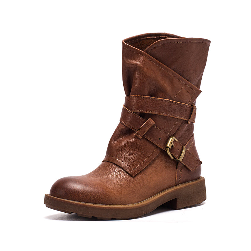 Women's Retro Leather Mid Calf Boots for Winter Buckles Boots Coffee/Brown/Black - Image 13