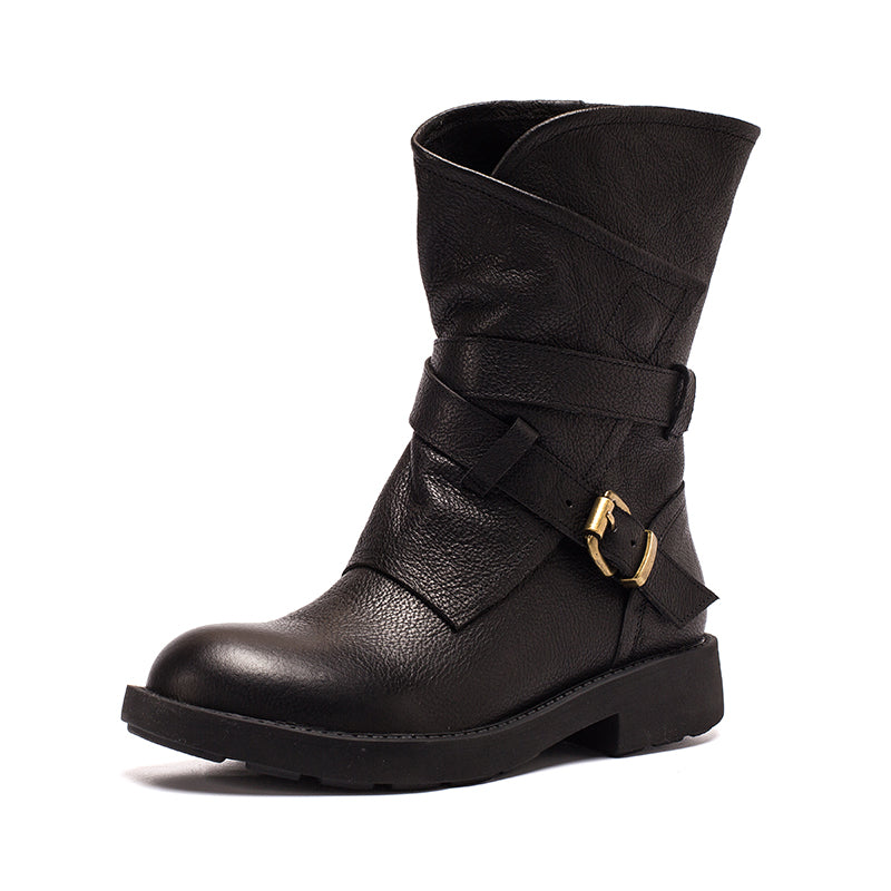 Women's Retro Leather Mid Calf Boots for Winter Buckles Boots Coffee/Brown/Black - Image 12