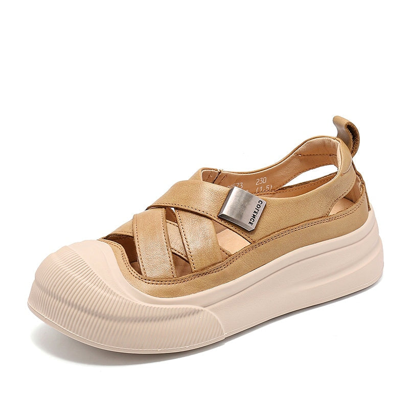 Platform Hollow-Out Low-top Roman Sandals Cow Leather Fisherman Shoes in Beige/Yellow/Green - Image 12