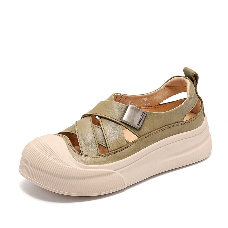 Platform Hollow-Out Low-top Roman Sandals Cow Leather Fisherman Shoes in Beige/Yellow/Green - Image 11