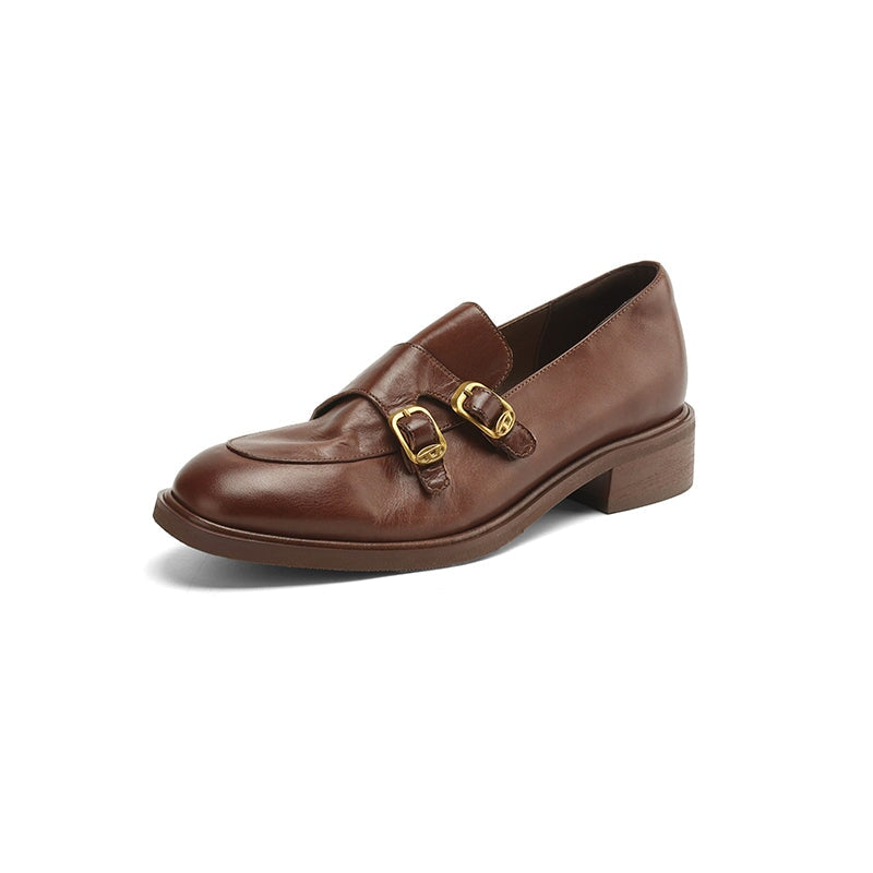 Vintage Leather Monk Strap Loafers Round-Toe Oxford Shoes in Black/Deep Brown/Grey - Image 9