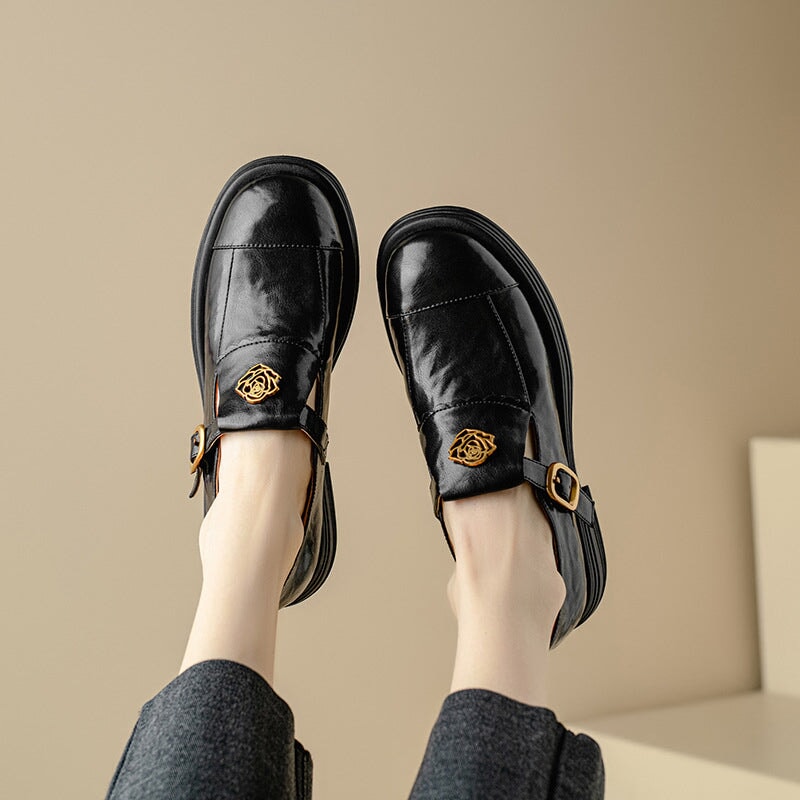 Handmade Leather Round Toe Loafers For Women In Black/Coffee - Image 3