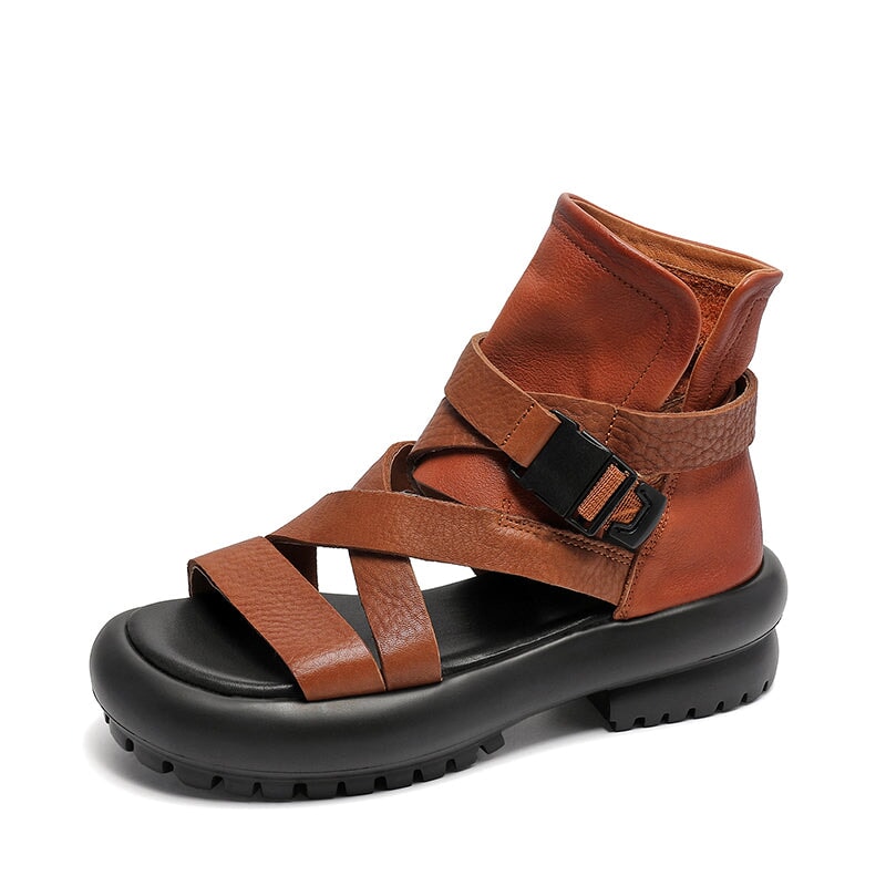 Leather Chunky Gladiator Sandals Boots Peep Toe in Black/Brown - Image 7