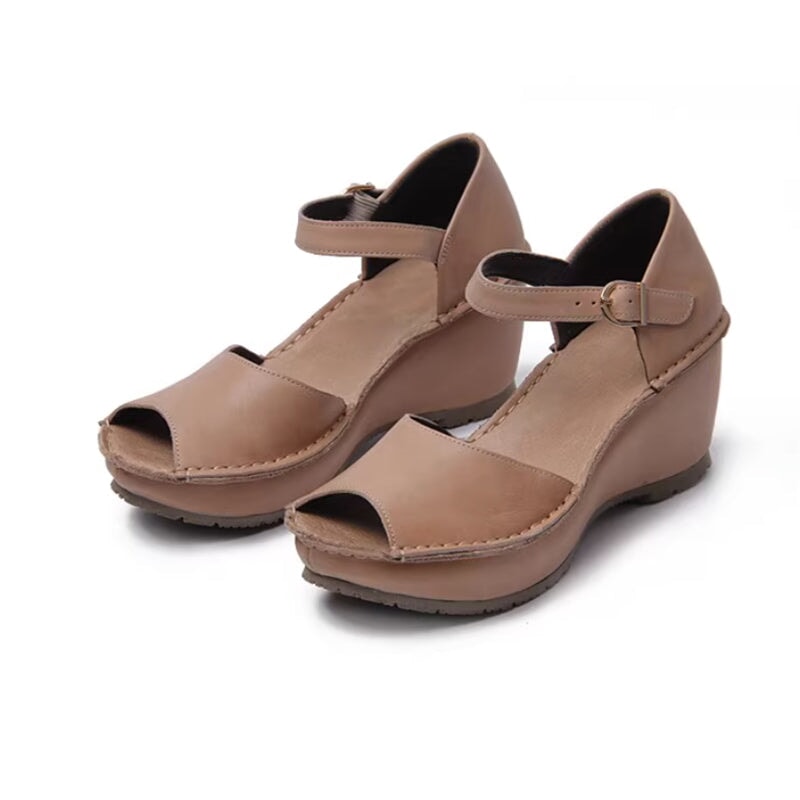 Handmade Leather Wedges Sandals Ankle Strap Peep Toe in Black/Khaki/Brown - Image 7