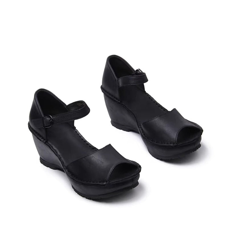 Handmade Leather Wedges Sandals Ankle Strap Peep Toe in Black/Khaki/Brown - Image 6