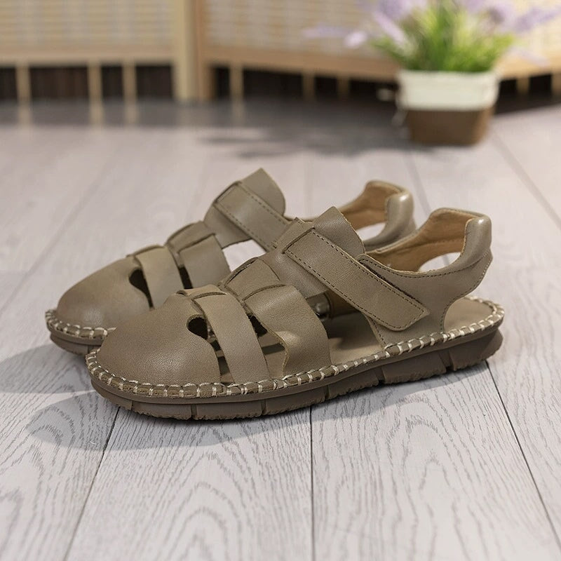 Genuine Leather Gladiator Sandals Summer Breathable Velcro Flat Shoes in Beige/Khaki/Coffee - Image 8