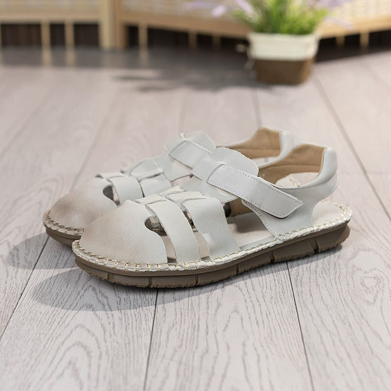 Genuine Leather Gladiator Sandals Summer Breathable Velcro Flat Shoes in Beige/Khaki/Coffee - Image 9