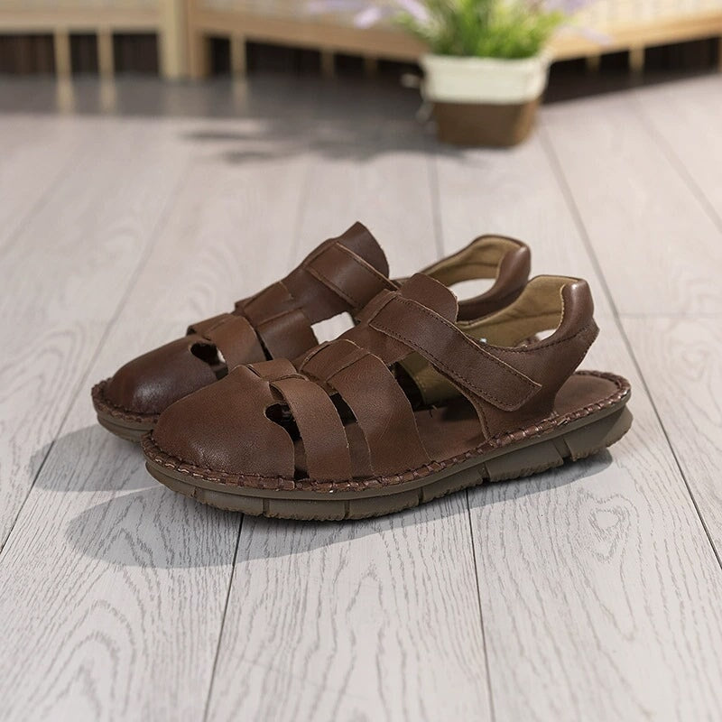 Genuine Leather Gladiator Sandals Summer Breathable Velcro Flat Shoes in Beige/Khaki/Coffee - Image 7