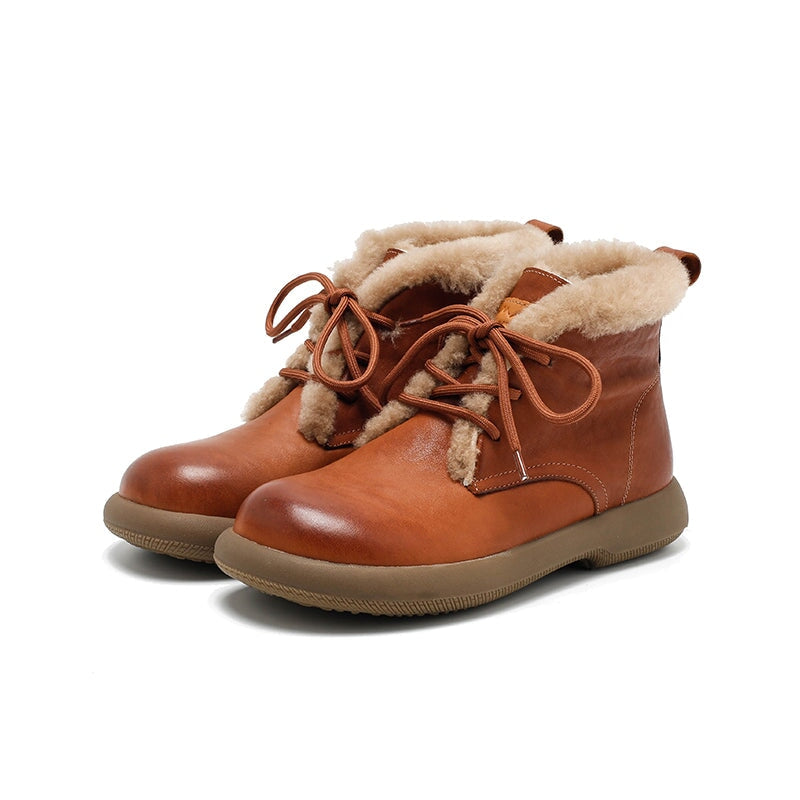 Women’s Shearling Lined Leather Lace-Up Ankle Boots Winter Warm Flat Boots in Brown/Black/Coffee - Image 10