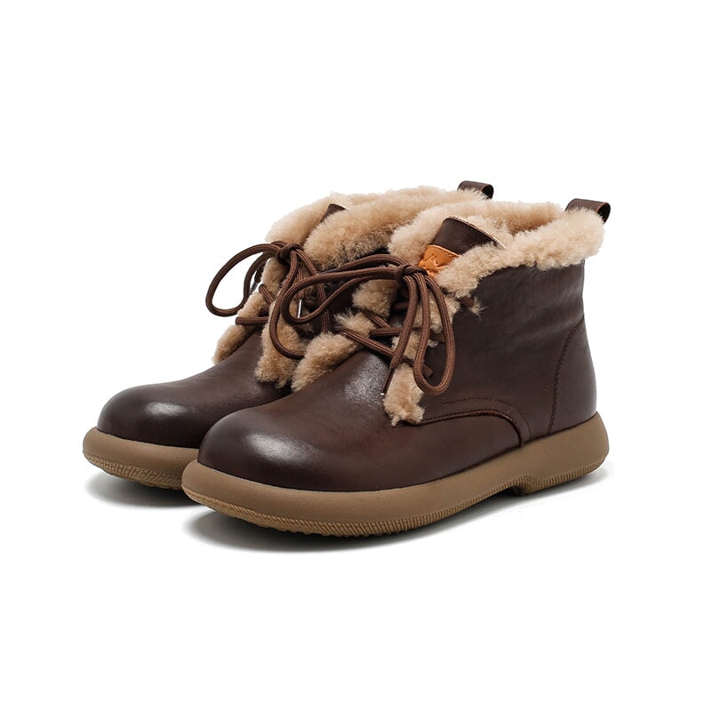Women’s Shearling Lined Leather Lace-Up Ankle Boots Winter Warm Flat Boots in Brown/Black/Coffee - Image 8