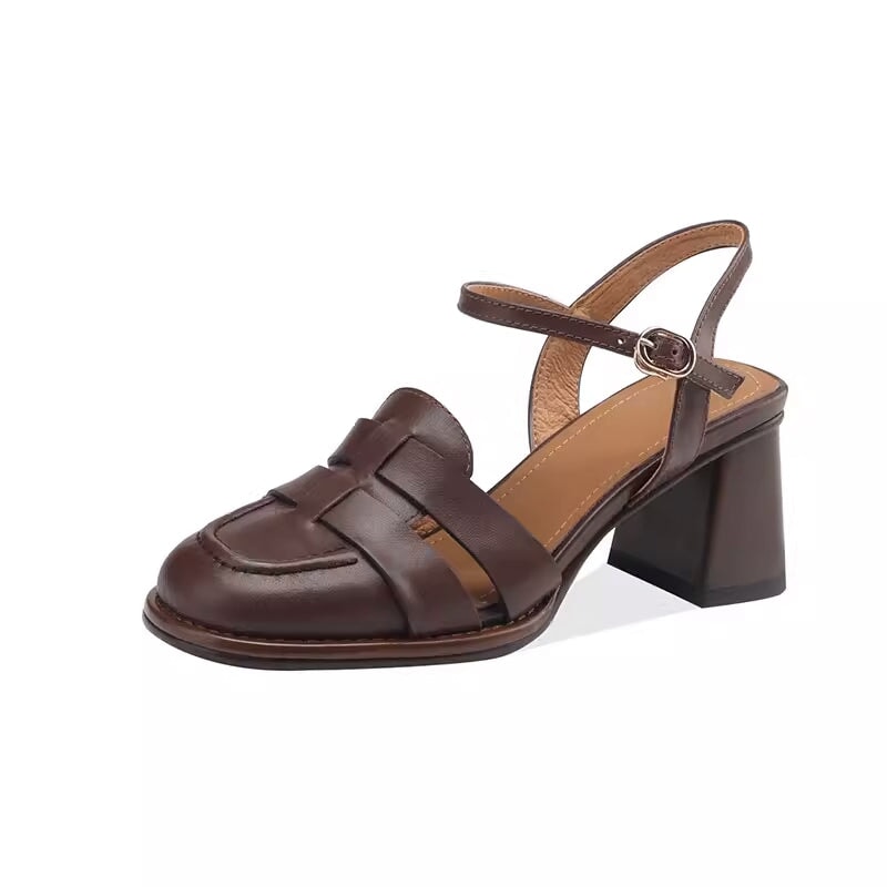 Classic French Style Block Heels Women Leather Gladiator Sandals in Coffee/Brown - Image 8