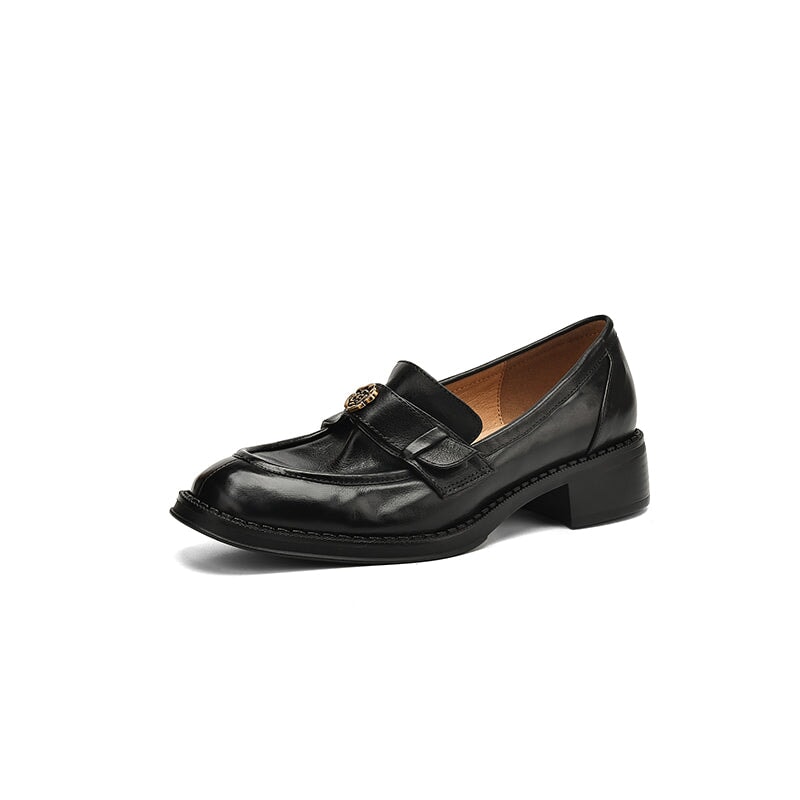 Vintage Round Toe Cow Leather Penny Loafers with Metal Camellia Design in Brown/Black - Image 8