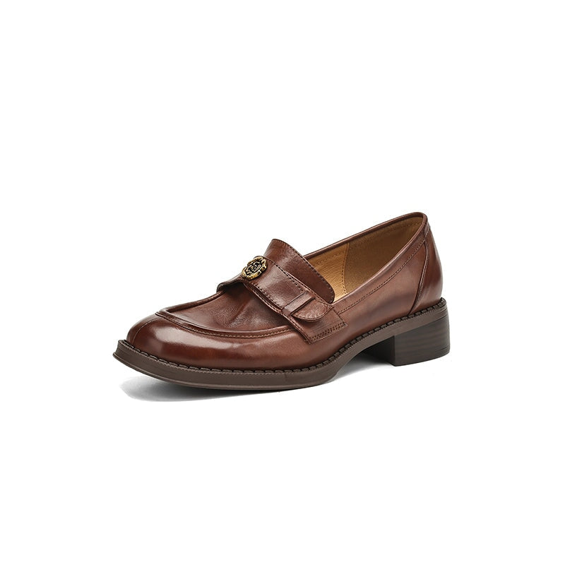 Vintage Round Toe Cow Leather Penny Loafers with Metal Camellia Design in Brown/Black - Image 9