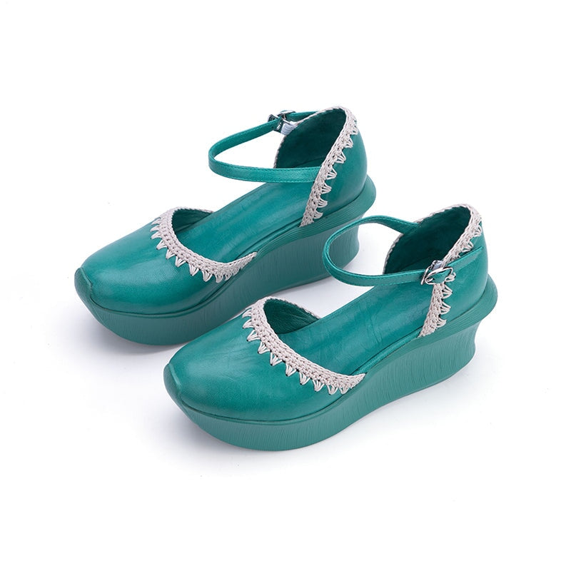 Handmade Cow Leather 90mm Heel Wedge Platform Sandals in White/Blue/Brown - Image 2